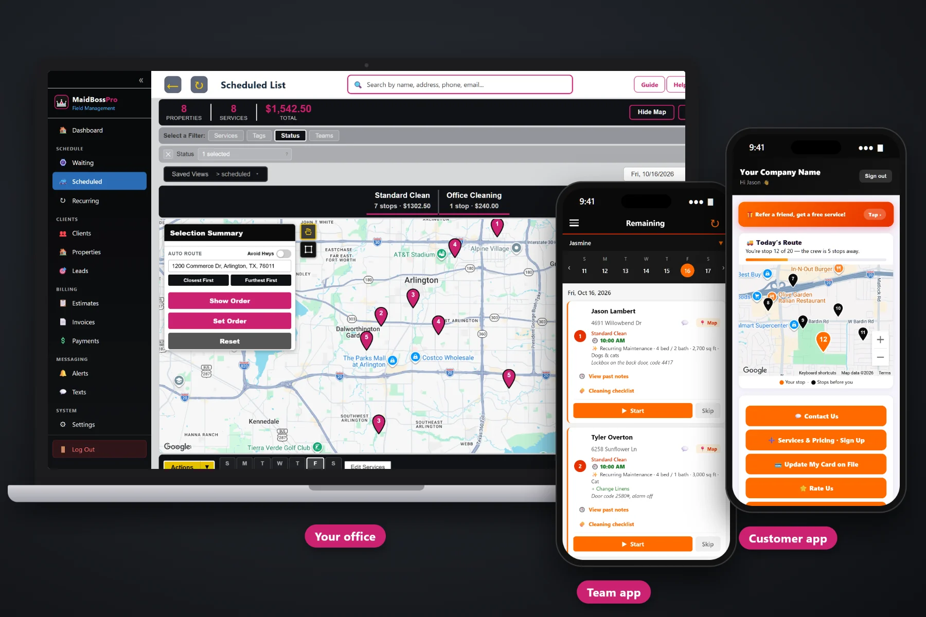 MaidBossPro cleaning business software showing recurring house cleanings, team routes and cleaning details for each home